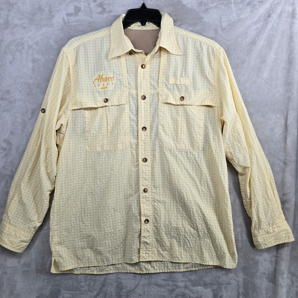 Orvis Abaco Lodge Fishing Shirt Mens Medium Yellow Plaid‎ Roll Tab Button Up